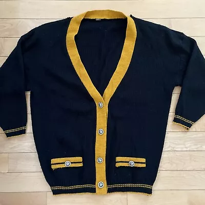 Vintage 1980’s VERSACE Varsity Button Front Sweater Black & Gold W/Large Medusa  • $240