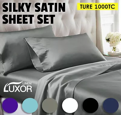 Luxury All Size Ultra SOFT Art Silk Satin Sheet Set Flat Fitted Sheet Pillowcase • $35.80