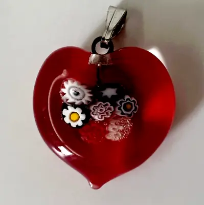 Murano Glass Handmade Millefiori Heart Pendant & 925 Sterling Silver Necklace • $24.90