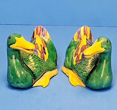 PAIR Vintage Chinese Porcelain Colorful Majolica Glaze Duck Statue Figurine 6x4  • $199