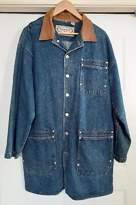 Vintage RESULTS Denim Jacket Coat Mid Length Duster Leather Collar Blue Men's S • $59.95
