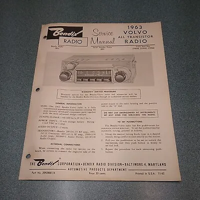 Vintage Bendix Radio Manual 1963 Volvo  • $12