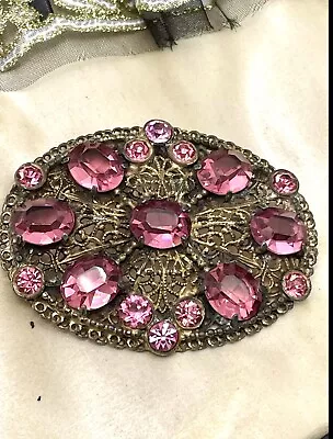 Large Vintage Czech Style Pink Rhinestone Brooch 2.5” EXQUISITE • $68