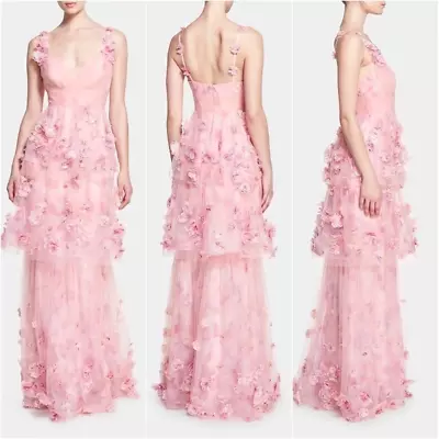 MARCHESA NOTTE Pleated Tiered Tulle Gown With 3D Flowers Blush Pink • $895
