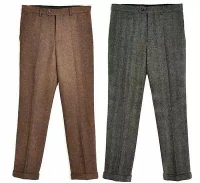 Men Tweed Vintage Herringbone Business Slim Fit Wool Dress Casual Pants Trousers • $31.47