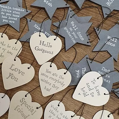 Tiny Small Wood Heart Star Messages Gift Tags Signs Keepsakes Hanging Mini Note • £1.94
