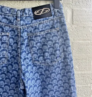 Nuth Jeans Blue Wide Sz L Patterned Monogram Relaxed Fit Designer High Waist  • £45