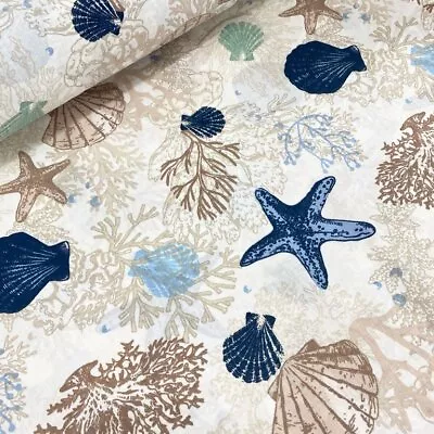 Nautical Cotton Fabric Beige Beach Coastal Sea Shell Starfish Ocean Quilting Mt • £0.99