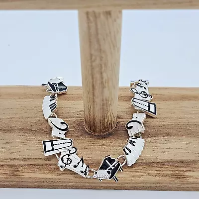 Music Themed Black & White Enamel Silver Tennis BraceletPiano Music Notes 7.5  • $7.50