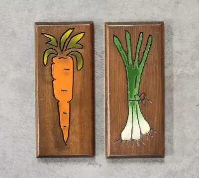 PAIR/2 Vintage 1970's CARROT + GREEN ONIONS Kitchen Wall ART Plaques By WOODWORM • $30