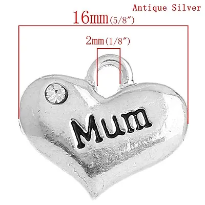 5 Antique Silver Inscribed Mum Rhinestone Heart Charm~wedding Party (43) Uk • £2.20