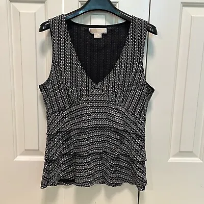 MICHAEL KORS Size L Women’s Black/White Tiered Ruffled V Neck Sleeveless Top • $23.75