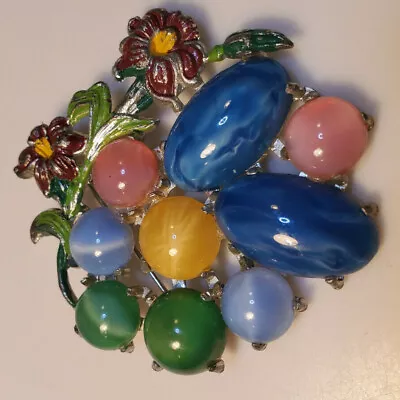 Vintage Flower Brooch Various Cabochons Painted Flowers Silvertone 2 1/2  Round • $14