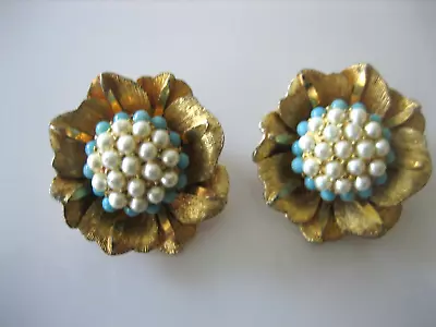 Vintage Signed Bsk Gold Tone Faux Pearl Turquoise Clip-on Earrings • $17.98