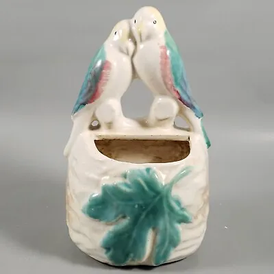 Vintage Morton Pottery Parakeet Duo On Basket Wall Pocket Planter Lovebirds • $26