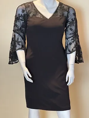 ALEX EVENINGS Size 14 Dress Black Mesh Floral Sleeves (65) • $53