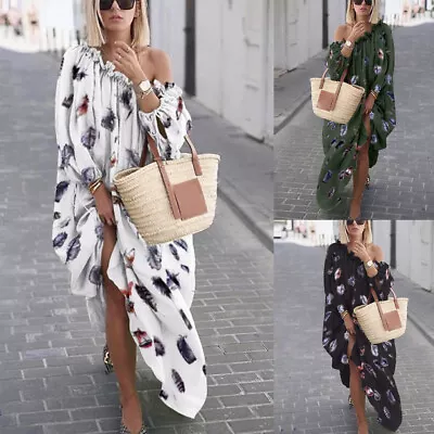 Women Plus Size Print Daily Casual Open Shoulder Vintage Loose Boho  Maxi Dress • $29.36