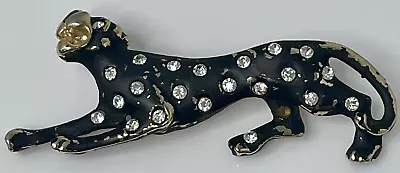 Black Panther Leopard Puma Cat Rhinestone Gold Tones Vintage Jewelry Brooch • $14.40