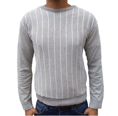 Mens Grey Stripe Knitted Jumper Sweater Vintage Cotton Classic Knitwear Crew Top • £9.95