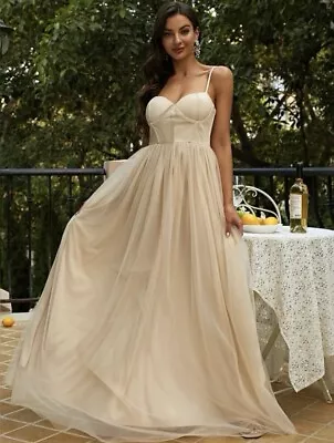 Champagne A Line Cami Tulle Boho Garden Beach Wedding Formal Dress Size L 12 • $99