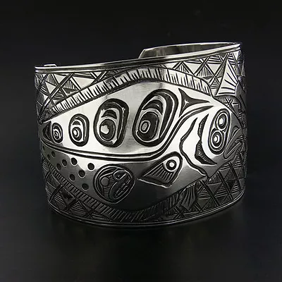 WIDE Northwest Coast Native American Cuff Bracelet Halibut Salmon Design Signed  • $1500