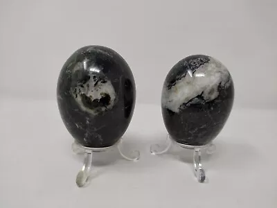 PAIR Of BLACK & WHITE ONYX/MARBLE EGGS On Stands • £18