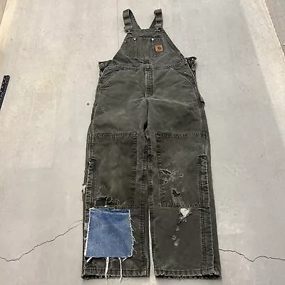 CARHARTT Men’s 32 X 30 Green Duck Double Knee Bib Overalls Pants R01 DISTRESSED • $35