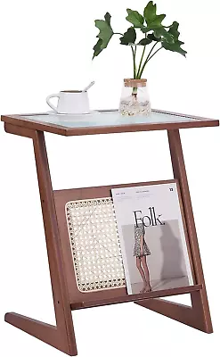 Givjoy Z-Shaped Rattan Side Table Glass Mid Century Z-shape Brown  • $74.43