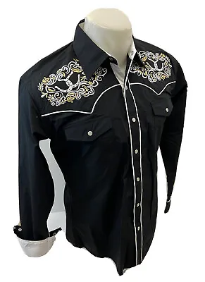 $39.99 • Buy Mens RODEO WESTERN HORSESHOE BLACK GOLD TRIBAL STITCH SNAP UP Shirt Cowboy 1110