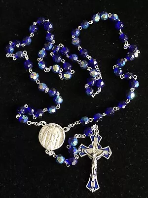 Holy Face Of Jesus Dark Blue Borealis (7.5mm) Bead Rosary-Veronica's Veil • $35