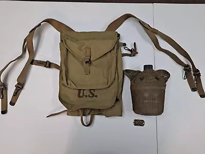 WW2 US ARMY Backpack  1942 Canteen & Dog Tag  All Named • $11.50