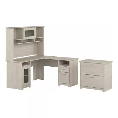 Cabot L Desk With Hutch And File Cabinet In Linen White Oak - Engineered Wood • $667.07