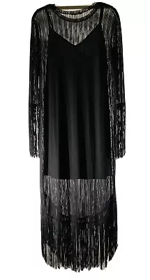 S Zara Maxi Sheer Black Fringe Dress & Under Slip Long Sleeve Flapper Gatsby • £51.21