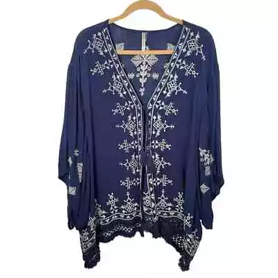 Womens Embroidered Boho Kimono Loose Fitting Open Coverup Oversized Top Blouse  • $22