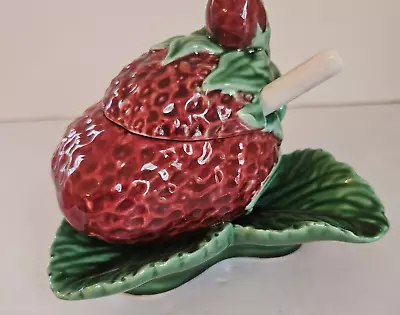 Vintage Bordallo Pinheiro Portugal Strawberry Jam Ceramic Bowl With Spoon • $28.99
