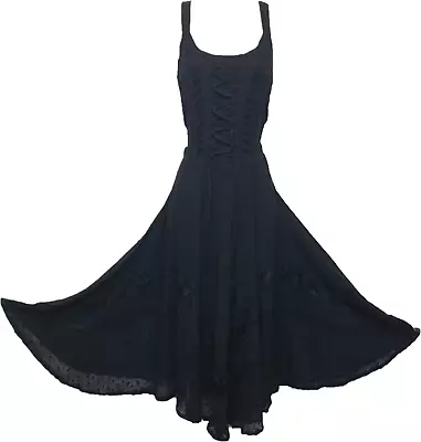 Knee Length Boho Dress Casual Embroidered Rayon Corset BLACK One Size 10 12 14 • £22.99