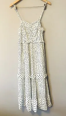 Lyon Womens White Polka Dot Maxi Dress Size 12 Strappy Ruffled Pockets Casual • $34