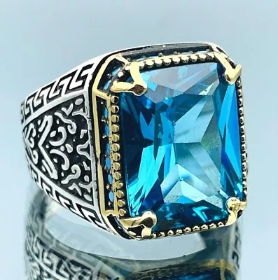 925K Sterling Silver Ring Mens Blue Aquamarine Gemstone Ring Mens Jewelry • $55