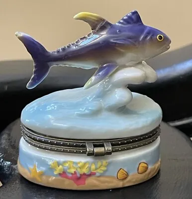 Hinged Porcelain Trinket Box Leaping Dolphin Whale Family Orca Ocean Sea Beach • $28