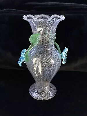 Vintage Murano Italy Silver Fleck Blue Flower Italian Art Glass Blown Vase • $25