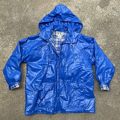 DUCK BAY - Vtg 80s Wet-Look Blue Plaid Flannel Lined Hooded Raincoat Mens SMALL • $75.58