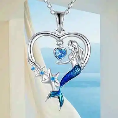 Blue Mermaid Silvery Heart Pendant Necklace Synthetic Zircon Jewelry Fashion • $13.98