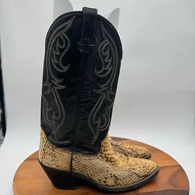 Vintage Dingo Python Snakeskin Cowboy Boots Mens 8 EW Black Leather Western • $76.99