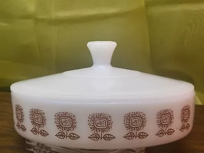 Vintage FEDERAL Milk Glass Covered Baking Dish Brown Sunflower 8in Round W Lid!! • $57.66