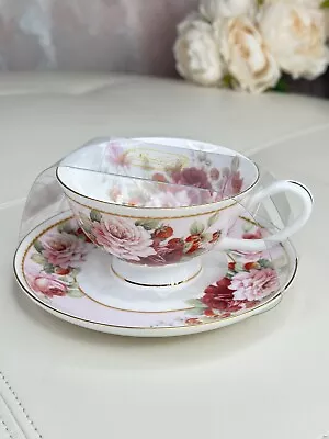 STECHCOL Bone China Peony And Strawberry Pink Set Footed Tea Cup & Saucer • $35.99