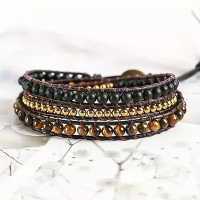 Tiger Eye Onyx Gemstone Bead Handmade Healing Reiki Women Men Wrap Bracelet Gift • $13.99