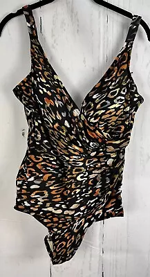 Vtg Miraclesuit XL (?) Brown Multicolor Animal Print Twist Front V-Neck Swimsuit • $19.99