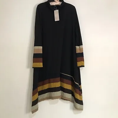Emery Rose Black Dress Size L Midi Jersey Fabric Striped Detail Turtle Neck • £8