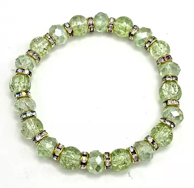 Stunning 7  Beaded Stretch Bracelet -Green Glass & Aurora Borealis Rhinestones • $3.50
