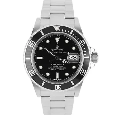 Rolex Submariner Date PAPERS Steel NO-HOLES REHAUT Black 40mm 16610 Watch BOX • $10593.01